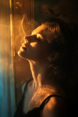 A woman is shrouded in warm golden light that filters through the smoky atmosphere of an intimate setting