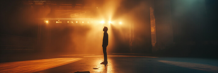 A solitary silhouetted figure stands illuminated by dramatic stage lights in a dark, foggy setting
