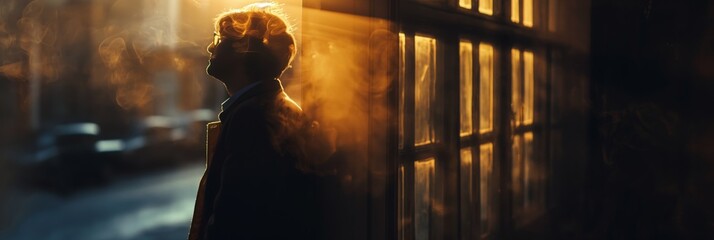 A man lost in thought during golden hour, with an ethereal sunlight illuminating his silhouette against a window - obrazy, fototapety, plakaty