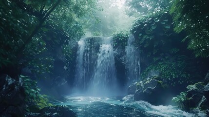 A majestic waterfall cascading down a rocky cliff, surrounded by lush greenery and bathed in soft, ethereal light. - obrazy, fototapety, plakaty