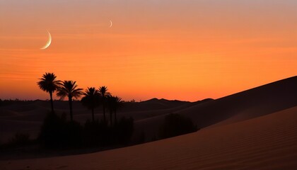 A peaceful desert at dusk with sand dunes, palm trees, and a crescent moon, evoking the spirit of Ramadan.