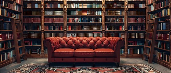 Library bookshelves filled with books cozy reading nook with sofa inviting atmosphere for book lovers. Concept Bookstore, Reading Nook, Cozy Atmosphere, Book Lovers, Library Aesthetic - obrazy, fototapety, plakaty