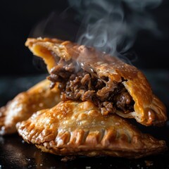A close-up of a beef empanada being broken open steam escaping and revealing the savory filling - obrazy, fototapety, plakaty