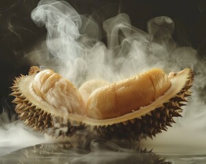 A durian cut open with steam rising suggesting its notorious smell in a visually dramatic way - obrazy, fototapety, plakaty
