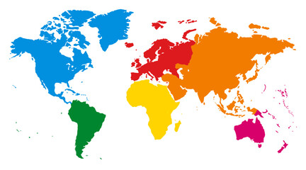 Fototapeta na wymiar Map of the world with individual colors for each continent, isolated on transparent or white background. Detailed world map, vector illustration.