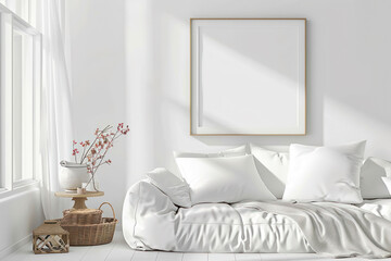Clean, white bedroom scene with blank wall or blank frame for art.