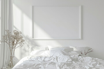 Clean, white bedroom scene with blank wall or blank frame for art.