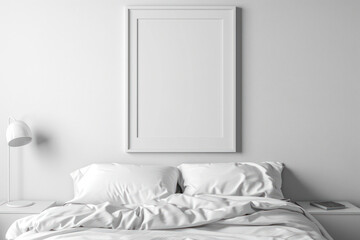 Clean, white bedroom scene with blank wall or blank frame for art.