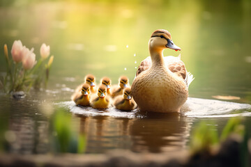 A soft-focus image of a mother duck leading her ducklings in a serene pond, symbolizing maternal guidance and care - obrazy, fototapety, plakaty