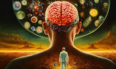 A man is at the center of brain particle,health universe, hospital, patient, doctors, painted by jerome bosch