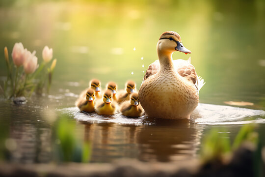A soft-focus image of a mother duck leading her ducklings in a serene pond, symbolizing maternal guidance and care