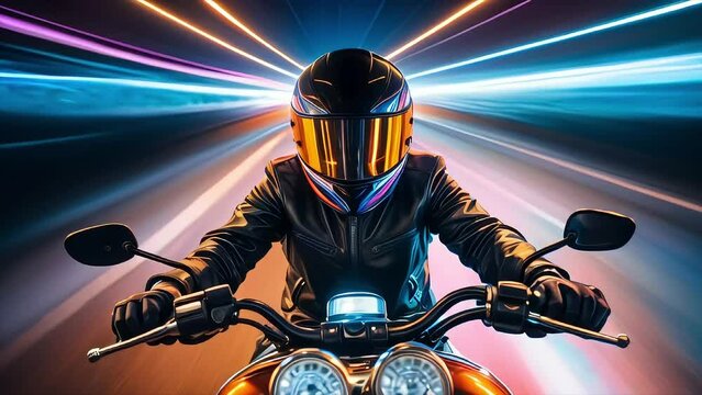 Man wearing a helmet and a leather jacket riding a motorcycle travels down a tunnel or highway with colorful beam lights on the sides. Biker riding a motorcycle.