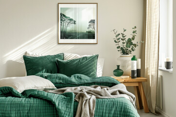 Creative composition of bedroom interior with mock up poster frame, green bedding, wooden side table.