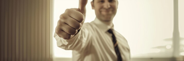 European businessman showing thumbs up in his office, success and achievement concept, banner