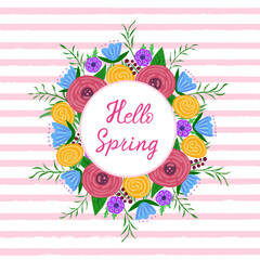 Hello spring with flower wreath. Vector Illustration for printing, backgrounds, covers and packaging. Image can be used for greeting cards, posters, stickers and textile. Isolated on white background.