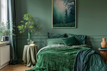 Creative composition of bedroom interior with mock up poster frame, green bedding, wooden side table.