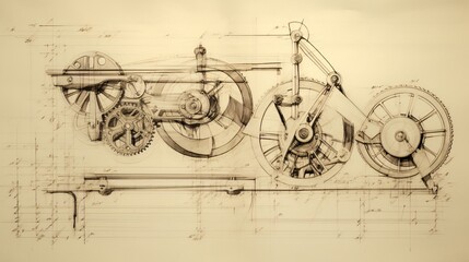 Abstract drawing presents ancient machine. Technical sketch reveals old mechanism.