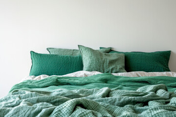 Emerald green bedding on bed with pillows against white wall with copy space in bedroom interior.