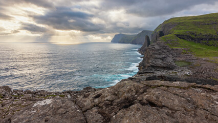 sunset at lake Sørvágsvatn - atlantic coast