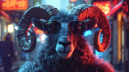 Fototapeta premium In the heart of a bustling urban landscape, a wild ram stands out amidst the chaos, sporting dark sunglasses that shield its eyes from the blinding neon lights.