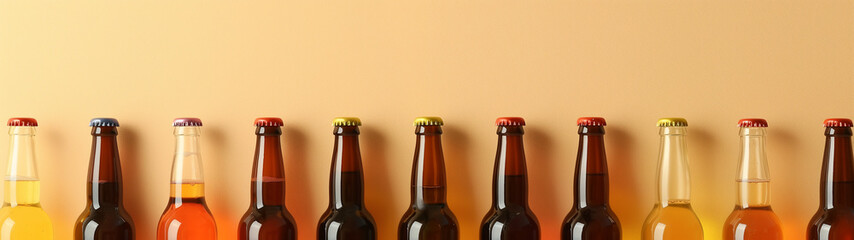 Beer bottles on a beige background, design for a drinks menu or an advertisement in a pub, created with generative AI technology 