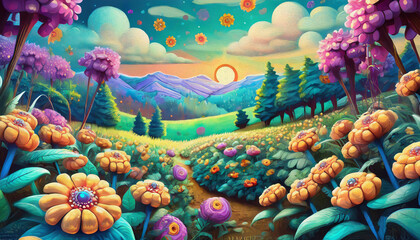 Obraz na płótnie Canvas Oil paint style Sunlit meadow