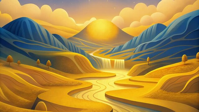 A dreamlike landscape where rivers of liquid gold flow freely ast rolling hills.