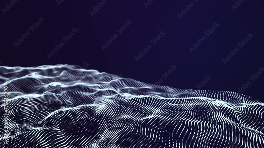 Poster Abstract dynamic wave of connected points in space. Snow dust. Digital big data technologies. 3D rendering. Seamless looping animation.