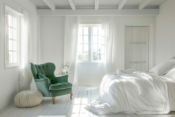 White bedroom with kale green armchair, pouf and double bed.