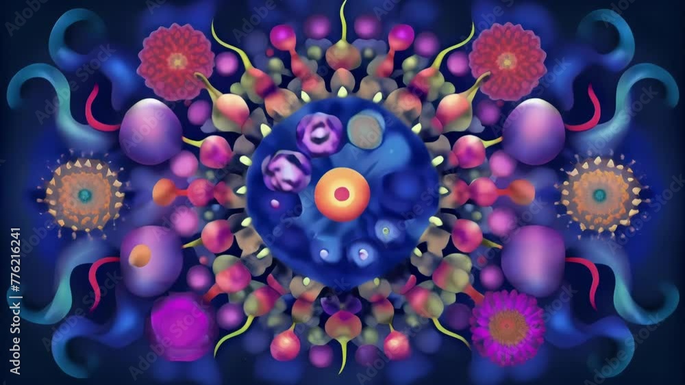 Poster a psychedelic explosion of tiny microbes resembling a kaleidoscope of biological patterns and forms.