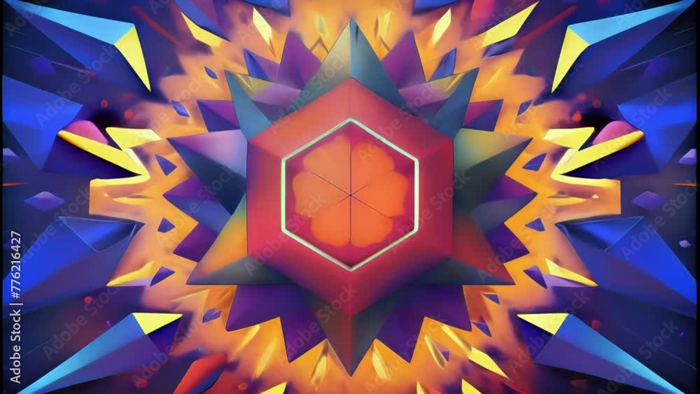 Poster A chaotic explosion of fragmented shapes and bold hues conveying the unpredictable and powerful nature of angular momentum.