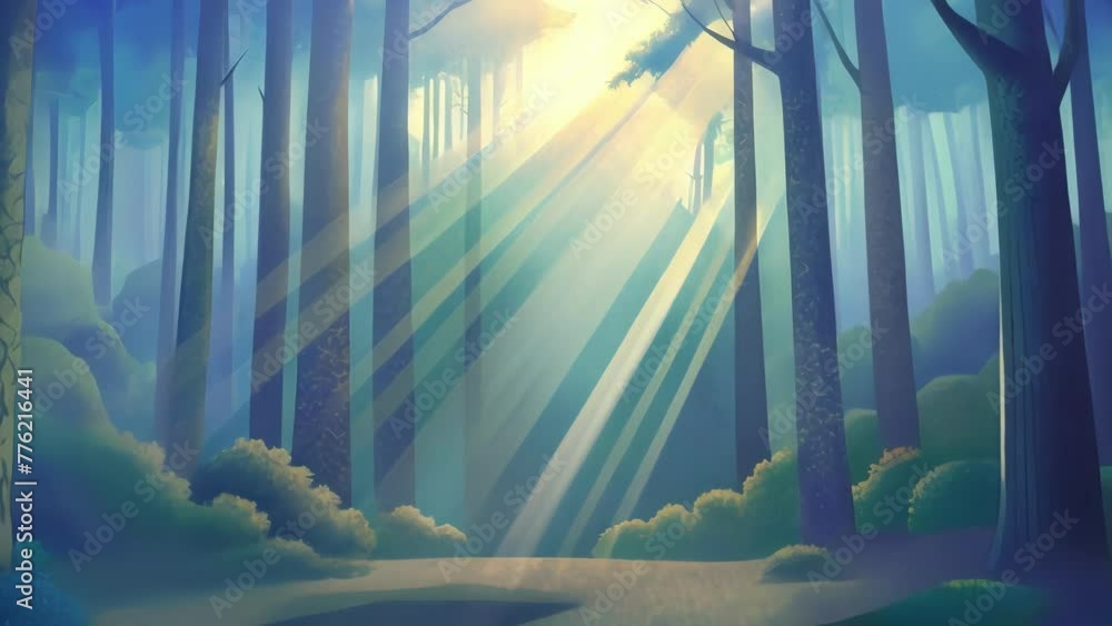 Poster In this abstract image soft beams of dappled light break through the dense forest creating a feeling of serenity and mystery.