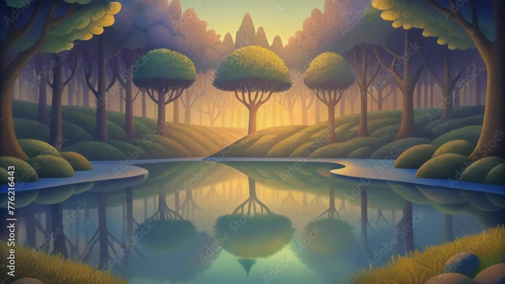 Poster Dappled light dances upon the surface of a tranquil pond creating a mesmerizing reflection of the surrounding trees.