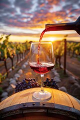 Pouring red wine into glass in the vineyard at golden hour sunset. AI Generated - obrazy, fototapety, plakaty