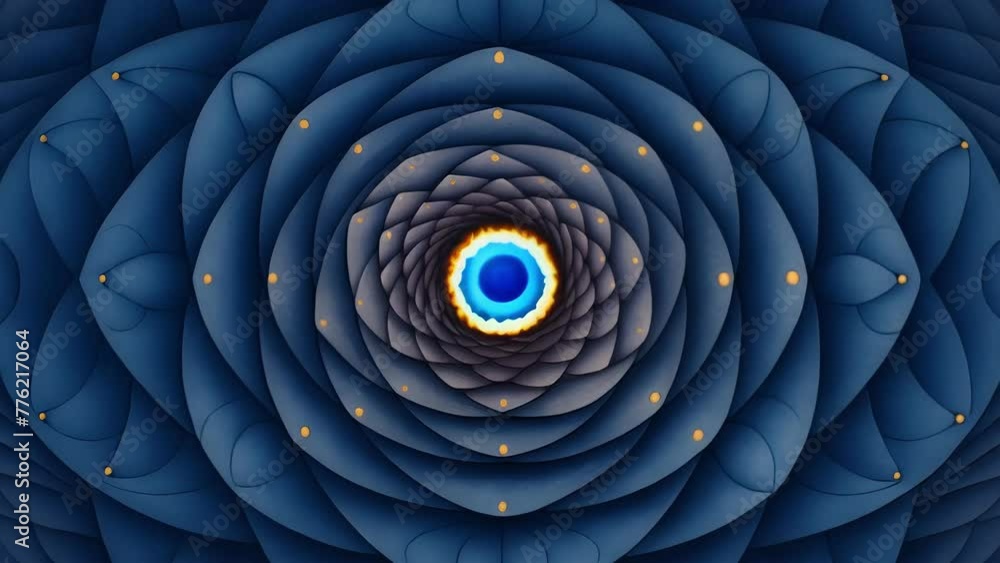 Poster a hypnotic spiral drawing the eye towards a center point filled with intricate details and hidden sy
