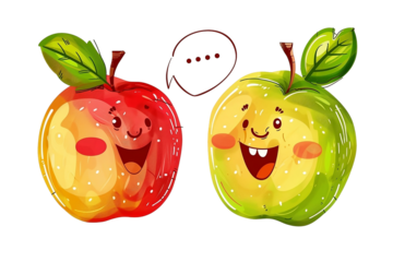Engage in an interesting exchange as two apples share their journey. They seem to share their details. vector art style colorful two apples. happiness, smile together 