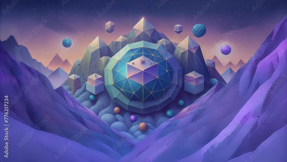 Poster a virtual world made of intricate geometric shapes and patterns forming a complex polygonal mesh.
