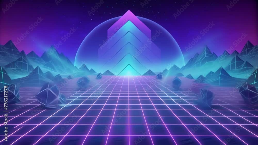 Poster a digital landscape consisting of pulsating neon squares and rectangles forming a futuristic grid.