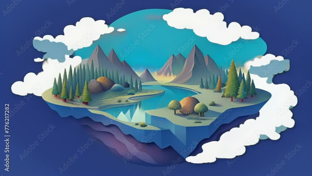 Poster A fragmented world where mountains rivers and trees are simplified into pixelated shapes creating a dreamlike and surreal atmosphere.