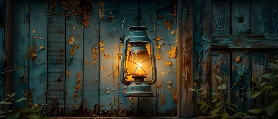 Vintage kerosene lamp hanging on farmhouse door background in dusty light. Concept Farmhouse Decor, Vintage Lighting, Rustic Charm, Country Living, Atmospheric Photography