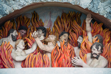 Sculpture of hell fire in the Upper Church on Ostry vrch hill at Banska Stiavnica, Slovakia - obrazy, fototapety, plakaty