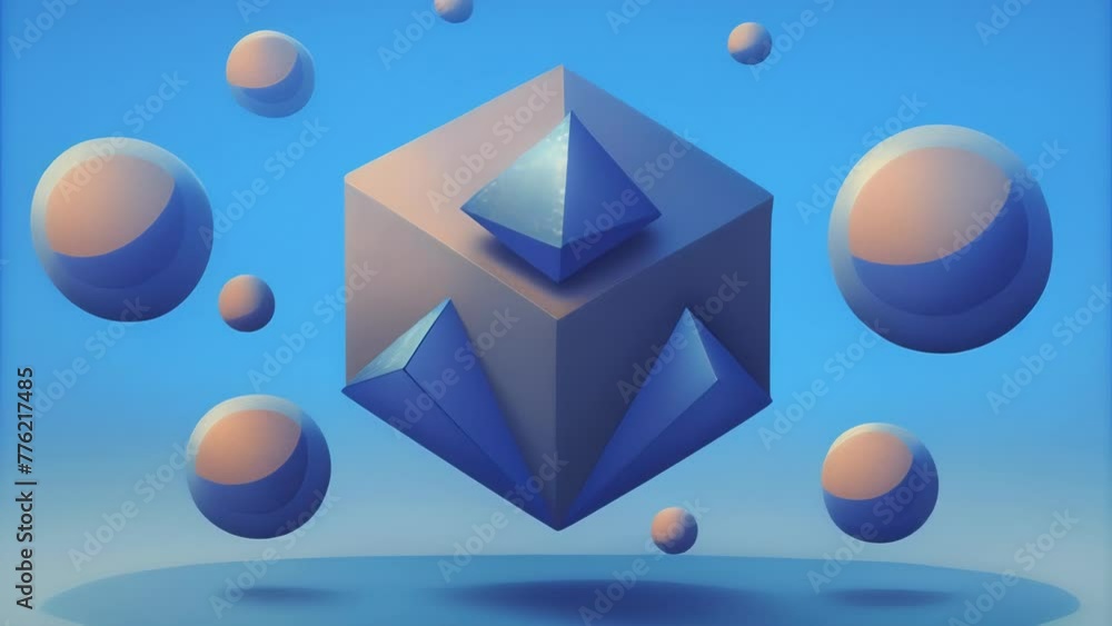 Poster an illusion of floating objects brought to life through carefully p geometric shapes.