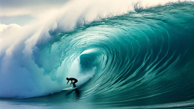 Witness the thrill and skill as this man effortlessly rides a towering wave on top of his surfboard, Surfer on Blue Ocean Wave in the Tube Getting Barreled, AI Generated