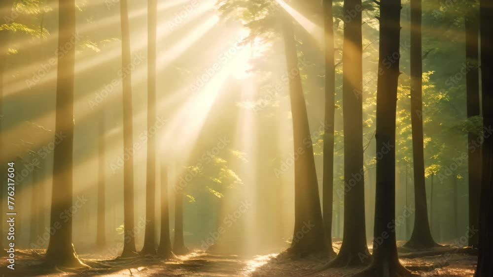 Poster sunbeams shining through the trees in a foggy forest, a deep, mysterious forest with rays of sunligh