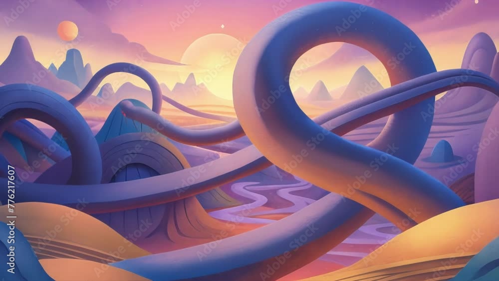 Poster A dreamlike landscape of intertwining shapes and forms each one leading to the next in a neverending loop.