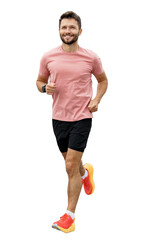A male trainer is running a workout warm-up. The background is isolated.
