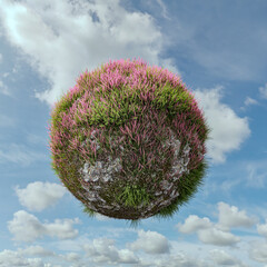 3D rendering of rocky sphere covered with heather and moss against blue sky