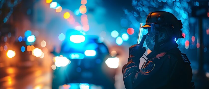 Police officer in surgical mask uses walkie talkie near patrol car with sirens and blue lights during COVID19 curfew. Concept Police officer, Surgical mask, Walkie talkie, Patrol car, COVID19 curfew