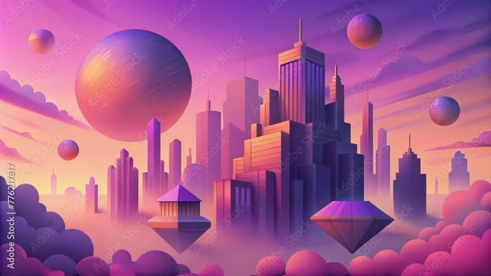 Poster A of abstract buildings seemingly floating in a pink and purple sky reminiscent of a digital utopia.