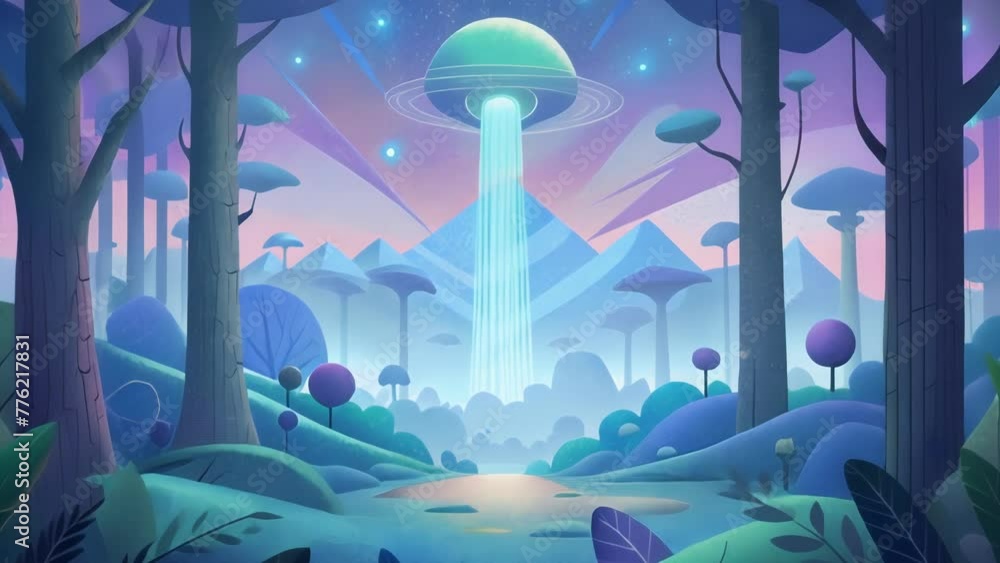Poster A serene forest scene where towering trees are adorned with holographic leaves and the soundtrack of gentle synth music fills the air.